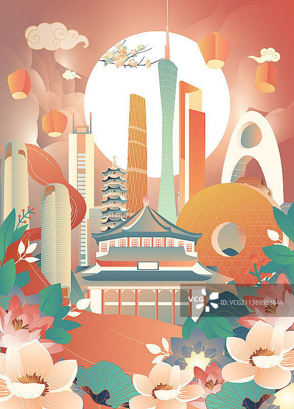 广州国庆中秋古代现代地标建筑群矢量插画图片素材