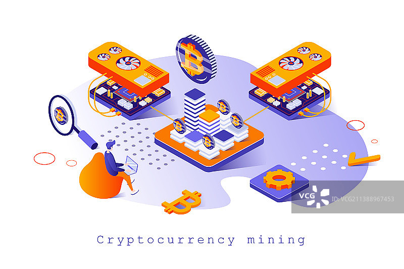 3D 2.5D加密货币挖掘概念图片素材
