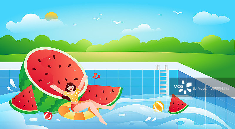 夏季泳池里坐在游泳圈上吃西瓜的女孩图片素材