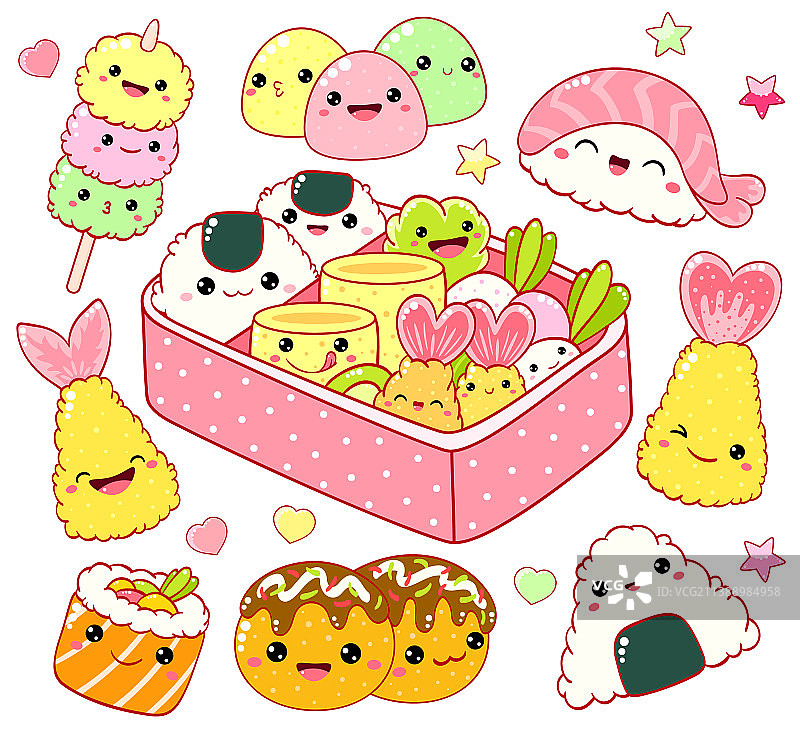 卡哇伊风格的可爱寿司和寿司卷图标合集图片素材