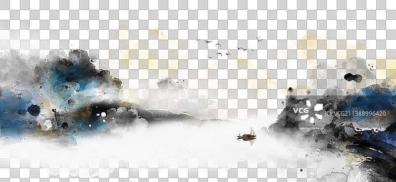写意泼墨烟雨重彩抽象山水画图片素材