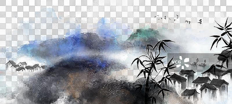 写意泼墨烟雨重彩抽象山水画图片素材