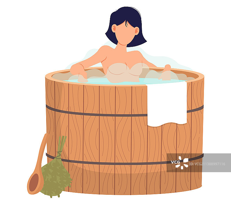 年轻女人坐在澡堂或 банya 里图片素材