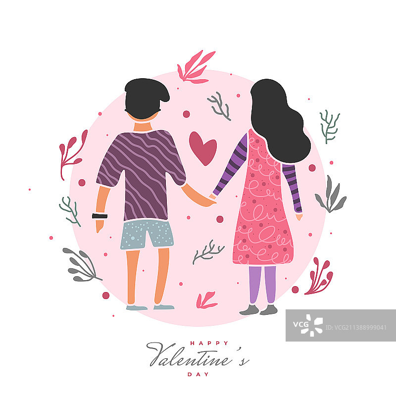 情侣手牵手，搭配可爱花朵元素图片素材