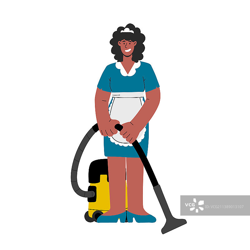 穿着连衣裙，拿着真空吸尘器的非裔美国女佣图片素材