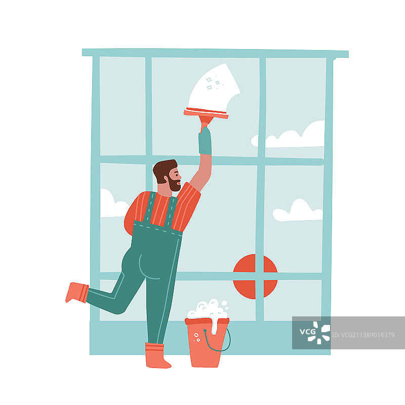 男子用挡风玻璃刮水器清洁窗户图片素材