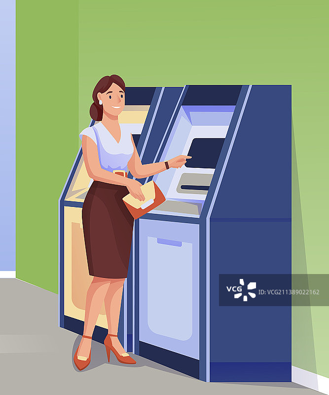 在银行ATM机办理金融服务的女人图片素材