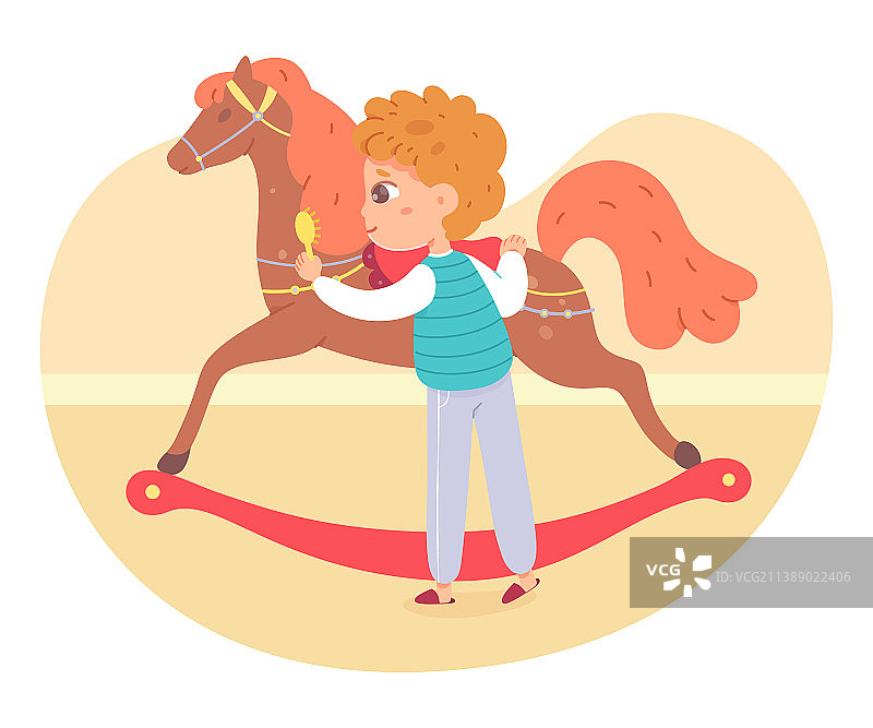 小男孩在家玩玩具马图片素材