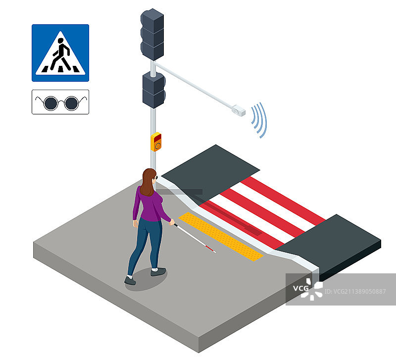 2.5D盲人女性在人行横道过马路图片素材