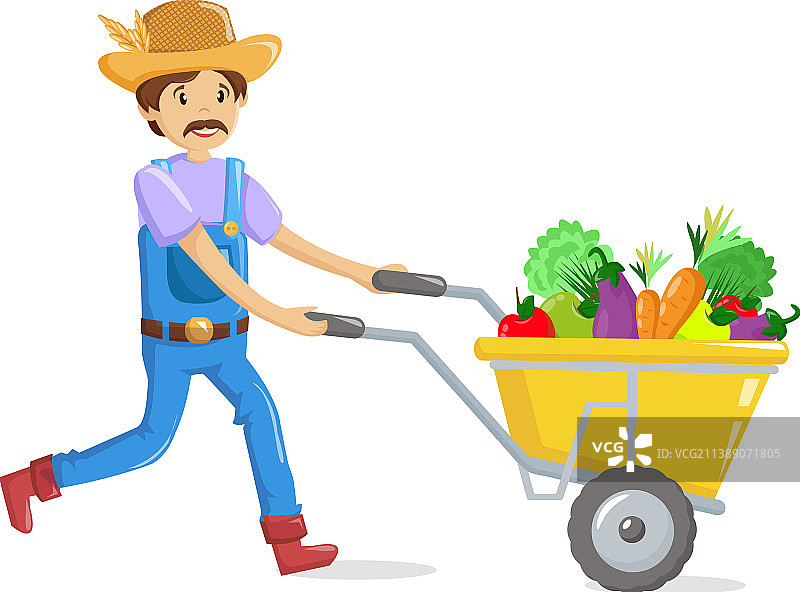 农民用装满水果蔬菜的手推车图片素材