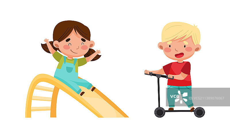 可爱快乐的孩子们在滑梯上滑行图片素材