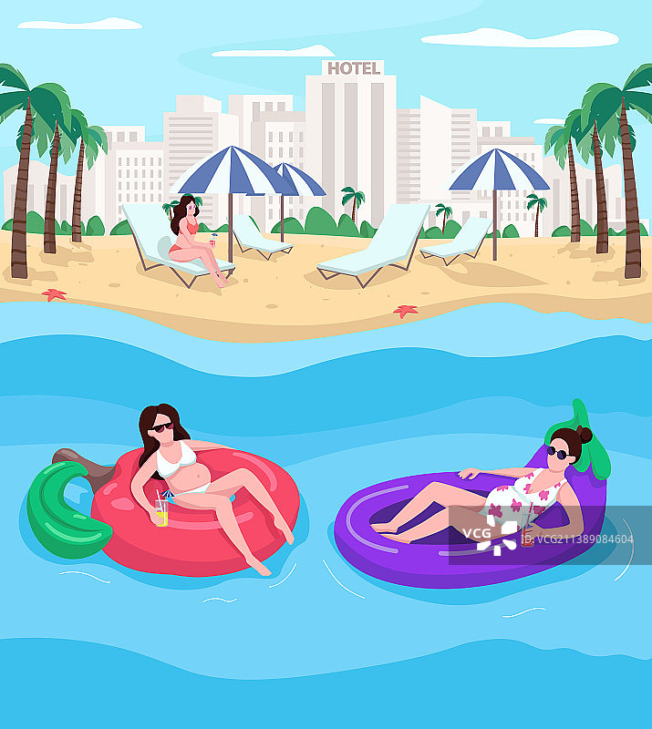 海滩上休息的孕妇扁平色图片素材