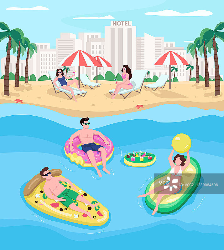 人们在海滨度假胜地休息（扁平风格）图片素材