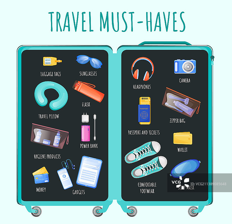 旅行必备品扁平彩色信息图片素材