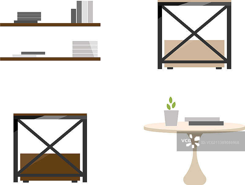 桌子和书架扁平风格彩色物体组合图片素材