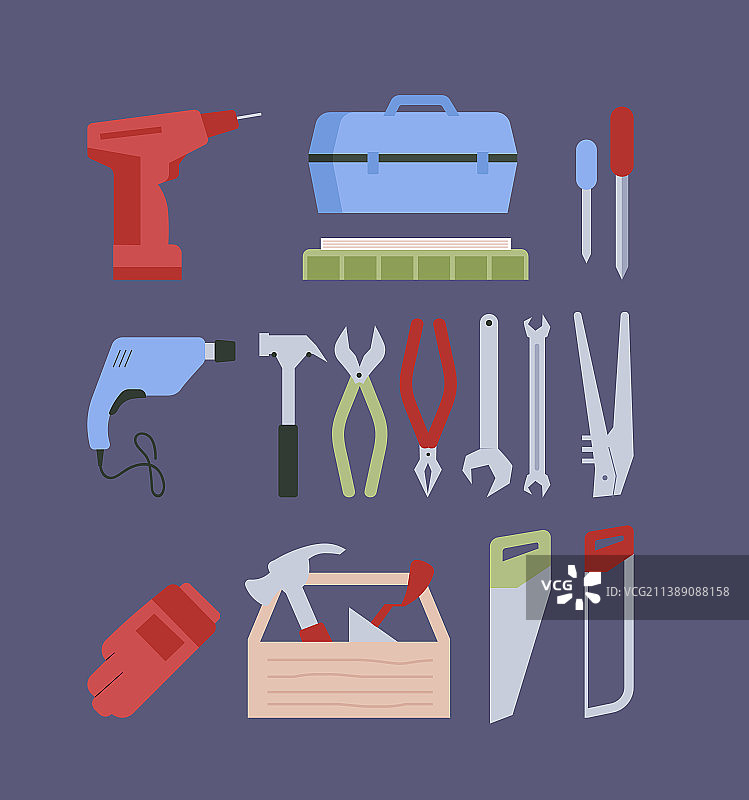 工作工具扁平颜色对象集合图片素材