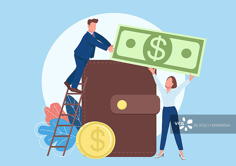 人们往钱包里装钱扁平概念图片素材