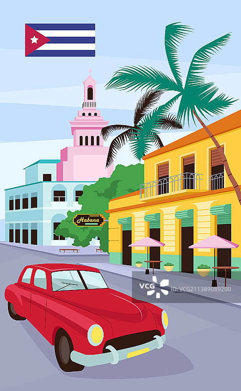 哈瓦那红色复古汽车海报扁平模板图片素材