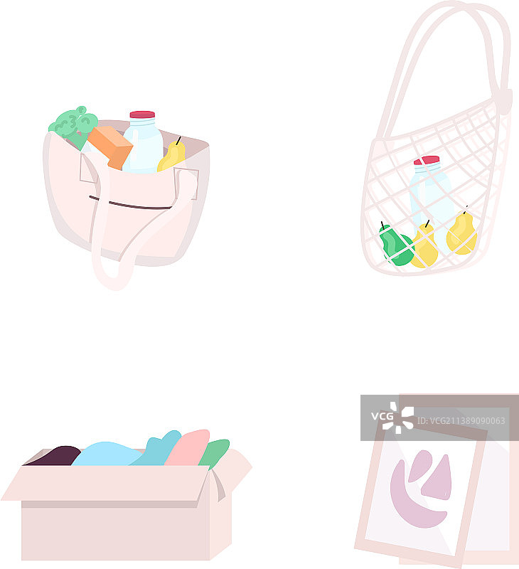 可重复使用的购物袋和盒子扁平风格对象图片素材