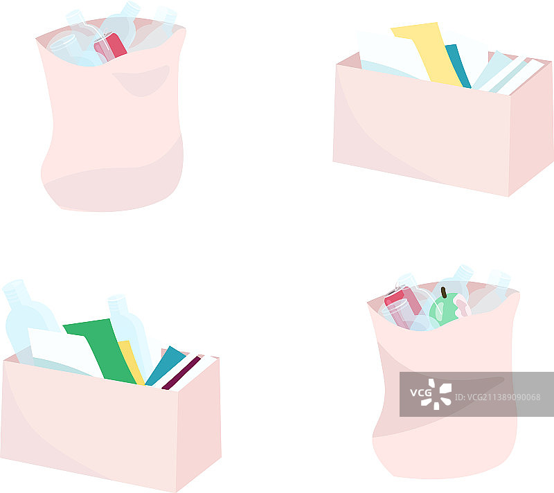 废弃盒子和袋子扁平色对象合集图片素材
