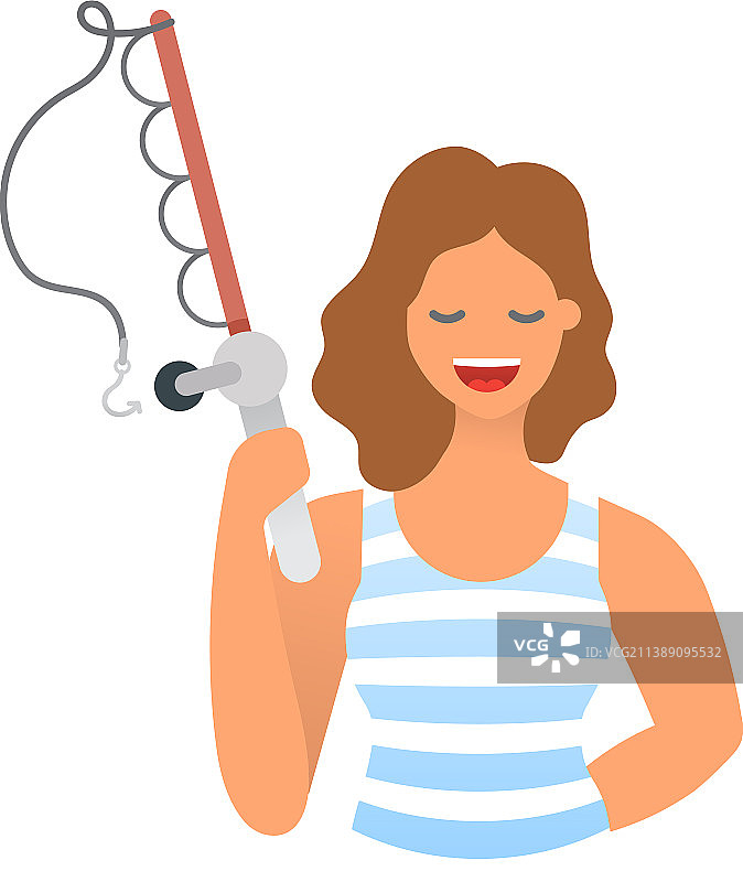 女人钓鱼，手持鱼竿图标图片素材
