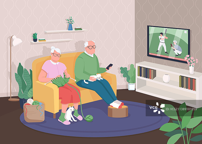 家中扁平风格的老年夫妇图片素材