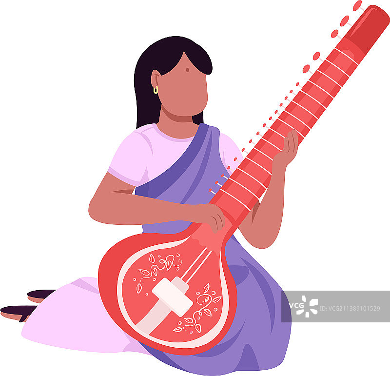 印度音乐家弹奏西塔琴（扁平风格，无面部）图片素材