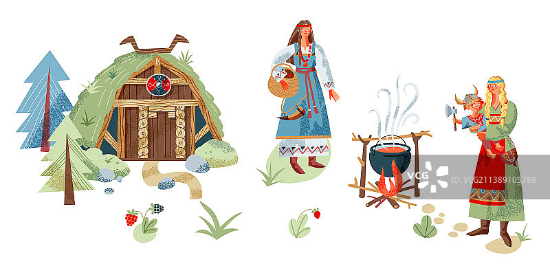 和孩子在维京人附近用火烹饪食物的女人图片素材