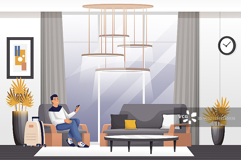 男人坐在酒店大堂，一个年轻的家伙图片素材