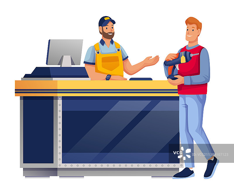 男人在五金店购物，售货员在柜台图片素材