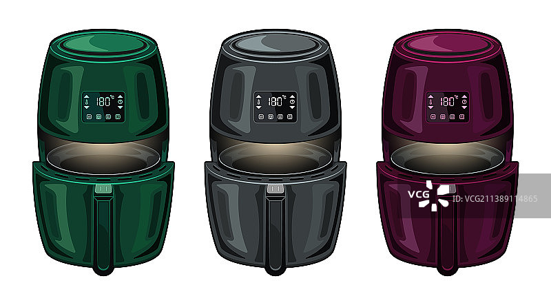 白色背景上的逼真空气炸锅颜色集图片素材