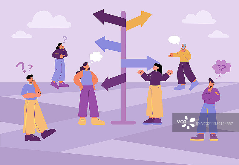 十字路口有指示牌的沉思的人们图片素材