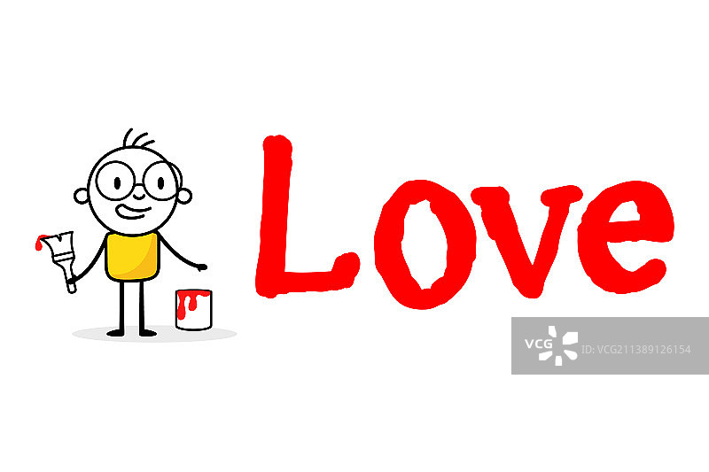 男人画红色“爱”字，白色背景图片素材