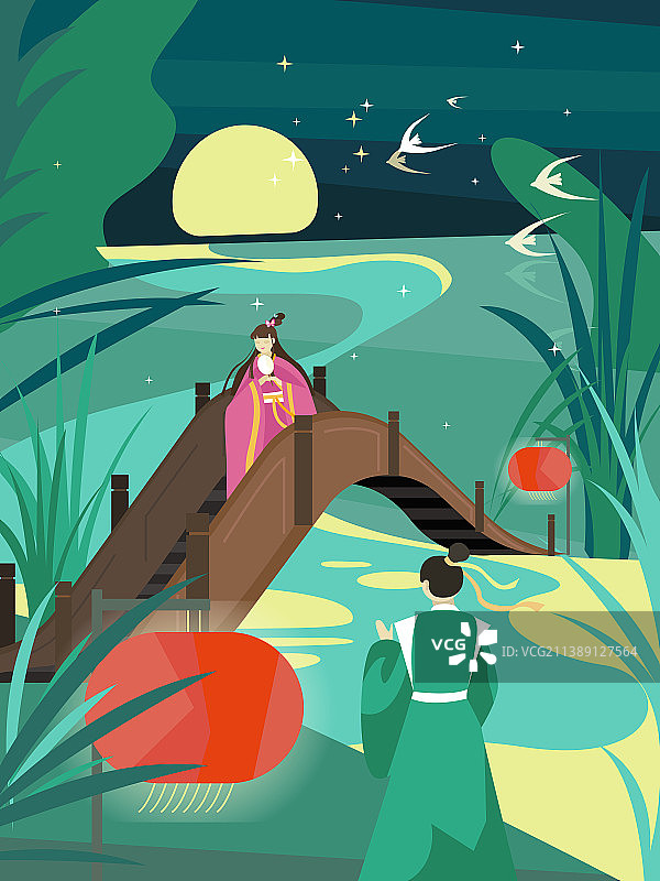 七夕节牛郎织女相会矢量插画图片素材