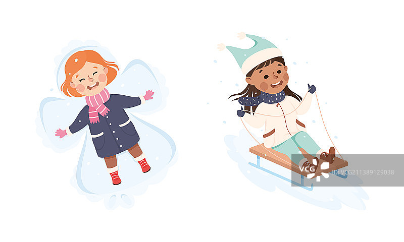 兴奋的小女孩在雪地上做星星图片素材