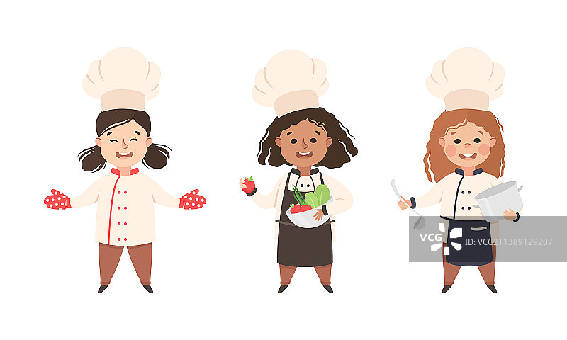 戴着白色厨师帽和制服的快乐儿童厨师图片素材