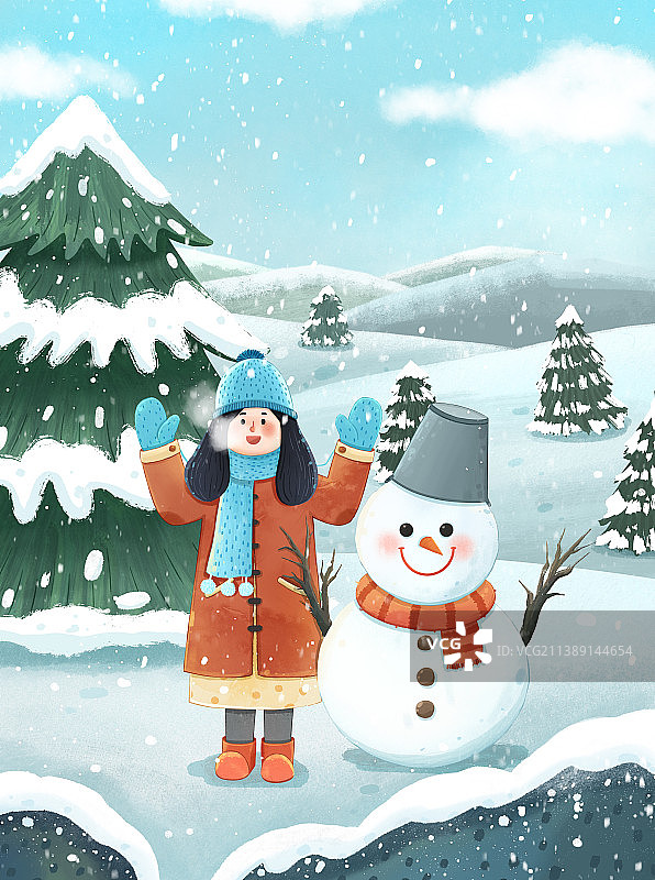 冬天下雪女孩堆雪人插画图片素材