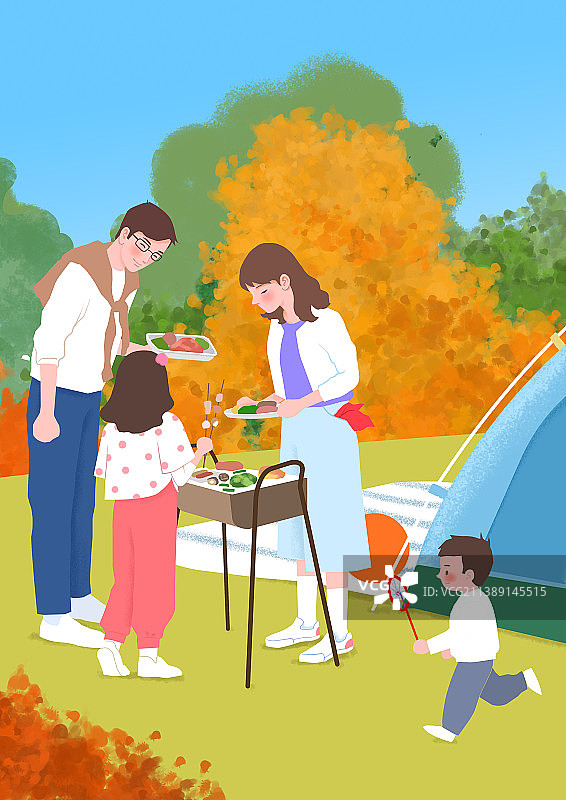 秋天亲子家庭秋游野餐烧烤图片素材