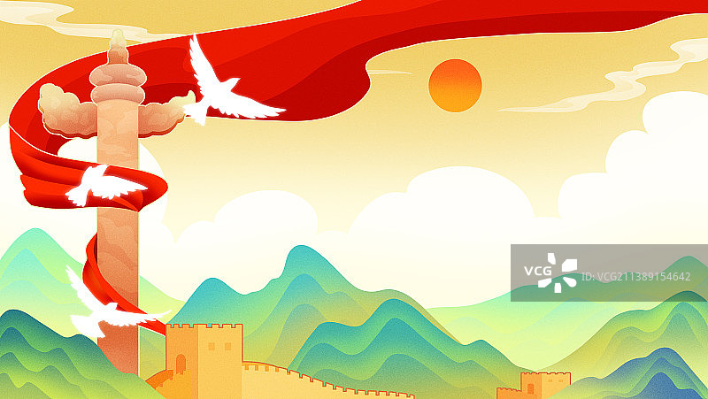 长城华表中国风国庆节建军节建党节唯美插画图片素材