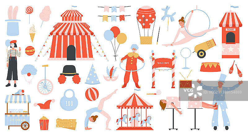 马戏团表演场景：小丑和嘉年华帐篷图片素材
