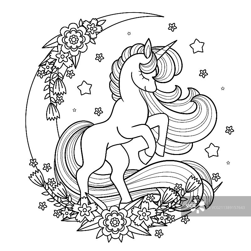 月亮上长鬃毛的美丽独角兽图片素材