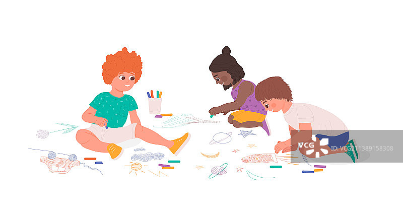 一群快乐的孩子用粉笔画画图片素材