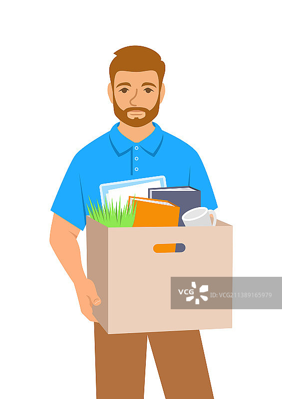 失业的年轻男子抱着一箱东西图片素材