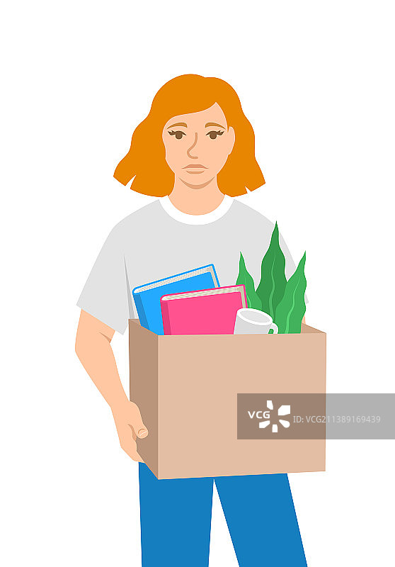 悲伤的失业女孩抱着装满东西的盒子图片素材
