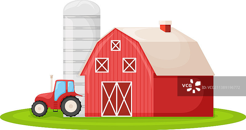 带红色谷仓和农用拖拉机的乡村房屋图片素材