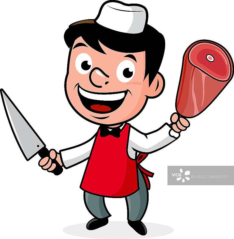 手持肉块和刀的肉店图片素材