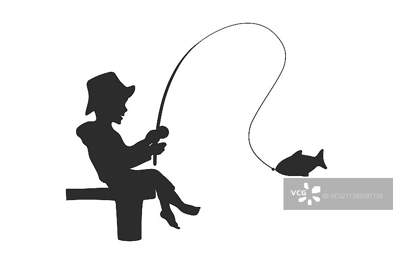 男孩钓鱼剪影，幸运钓到大鱼图片素材