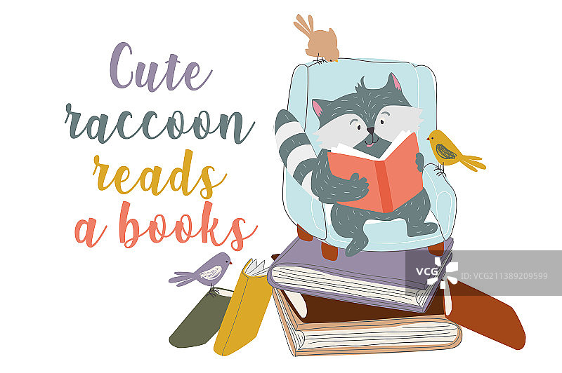 可爱浣熊读书概念背景图片素材