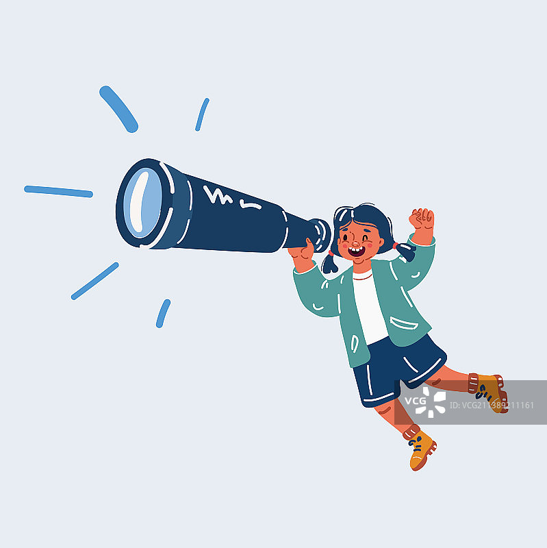 拿着望远镜飞翔的女孩图片素材