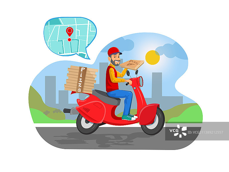 披萨摩托车配送城市景观图片素材
